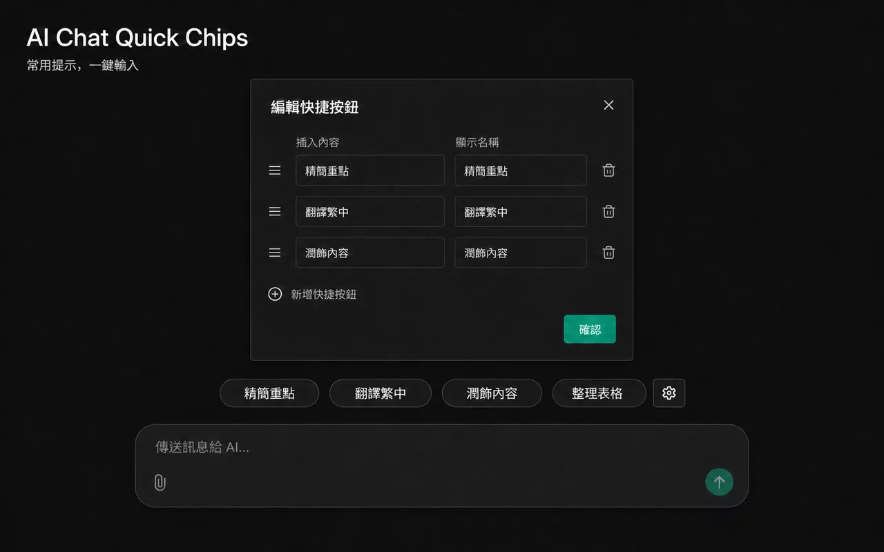 AI Chat Quick Chips 編輯快捷按鈕與聊天輸入介面示意圖